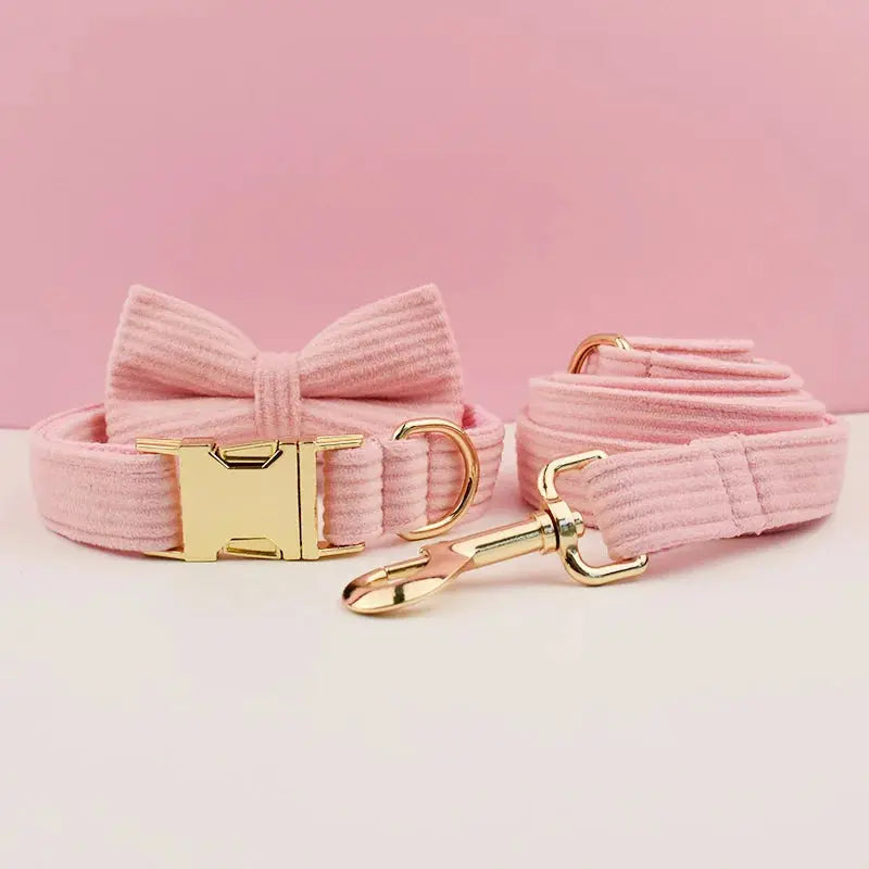 Pink Corduroy Dog Collar And Leash Set For Dogs Custom Engraved Nameplate Pet Supplies Dog Leash Corduroy07 - Nova Trendz