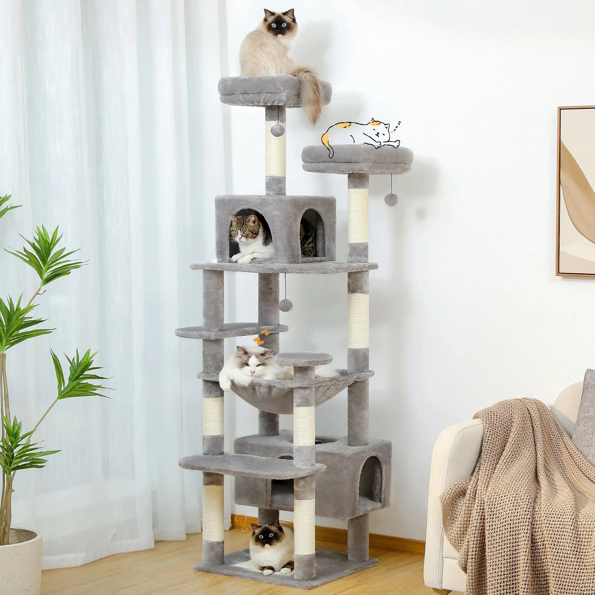 184cm Large Cat Tree and Tower for Indoor Cats With Sisal-Covered Scratching Posts Spacious Hammock Padded Perches and Condos Nova Trendz