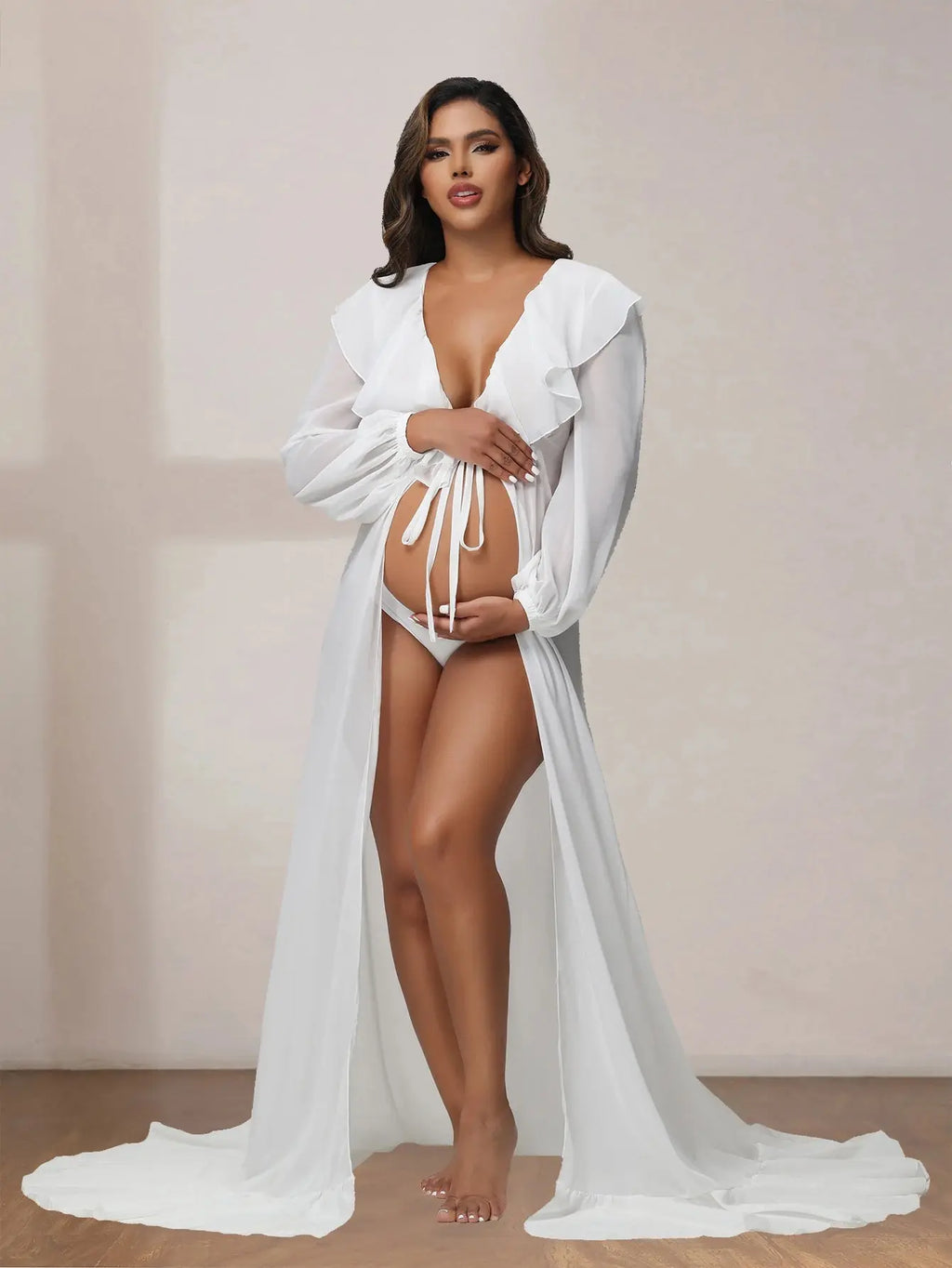 Maternity Photo Shoot Long Chiffon Dress Ruffle Neck Lantern Sleeve With Tie Cord Pregnancy Robe For Baby Shower Nova Trendz