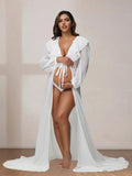 Maternity Photo Shoot Long Chiffon Dress Ruffle Neck Lantern Sleeve With Tie Cord Pregnancy Robe For Baby Shower Nova Trendz