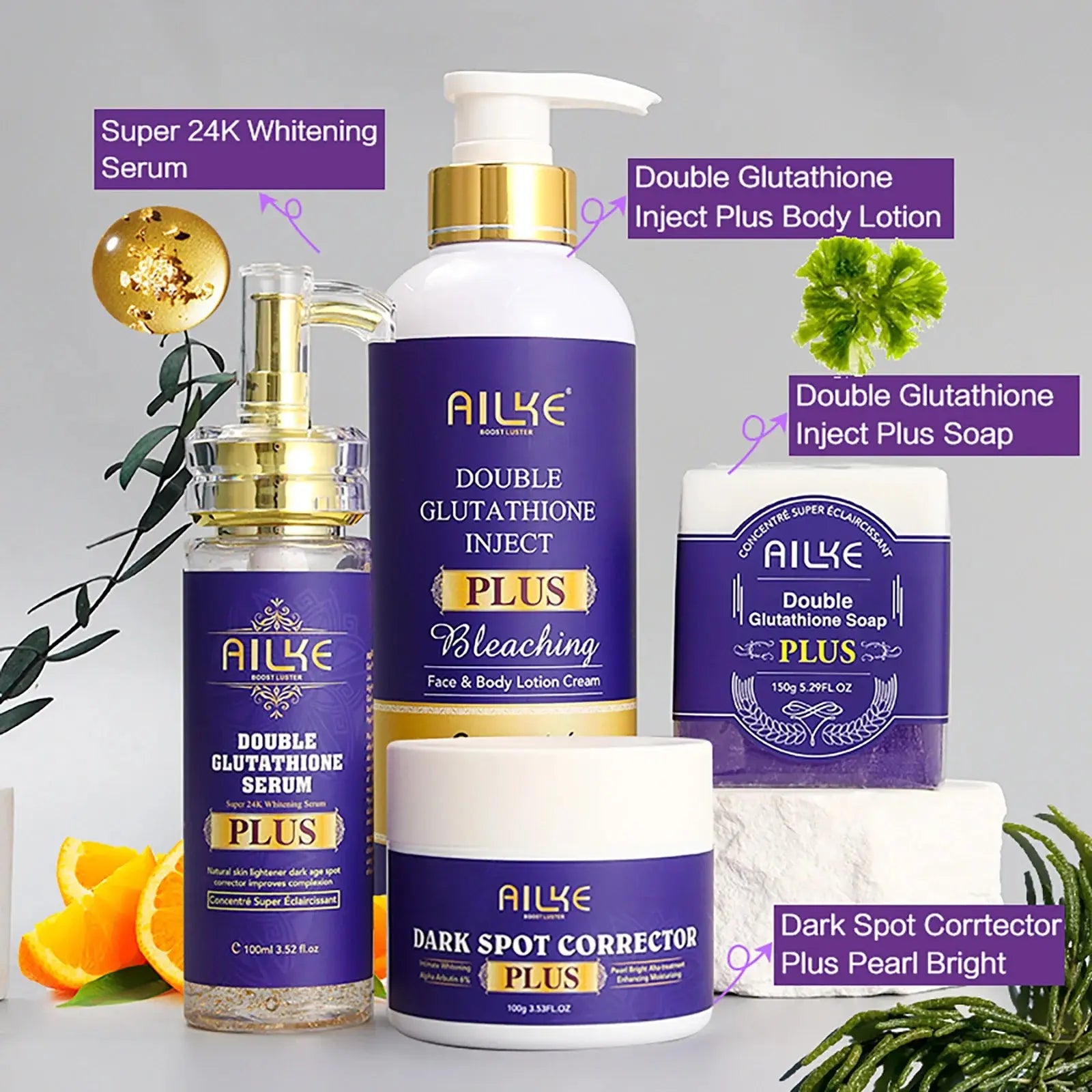 AILKE Glutathione PLUS Skin Care Set, Advanced Lightening Lotion, Moisturizes Softens Skin, Skin Bleaching Kit for Men, Women Nova Trendz