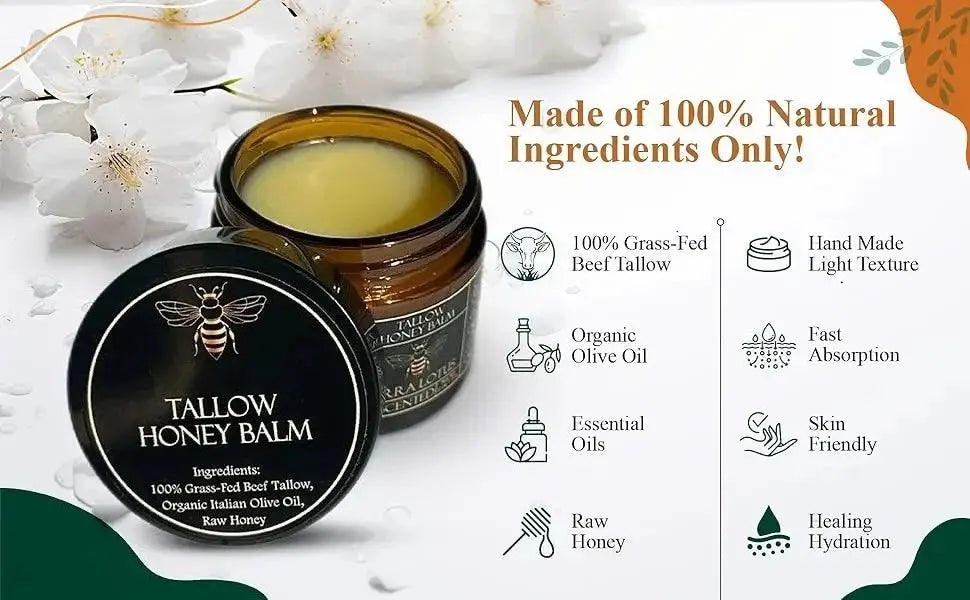 Organic Grass-Fed Beef Tallow Balm with Raw Honey - Moisturizing Cream for Soft, Smooth Skin - Handmade All-Natural Moisturizer Nova Trendz