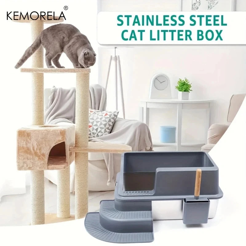 Extra Large 20L Stainless Steel Cat Litter Box With Stair Foot Pad Splash-Proof Easy To Clean Odorless Toilet Cat Litter Box