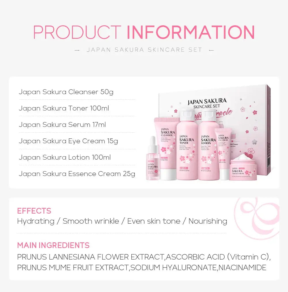 LAIKOU Sakura Skin Care Sets Facial Cleanser Eye Creams Face Cream Serum Lotion Toner Brightening Moisturizing Face Care Kit Nova Trendz