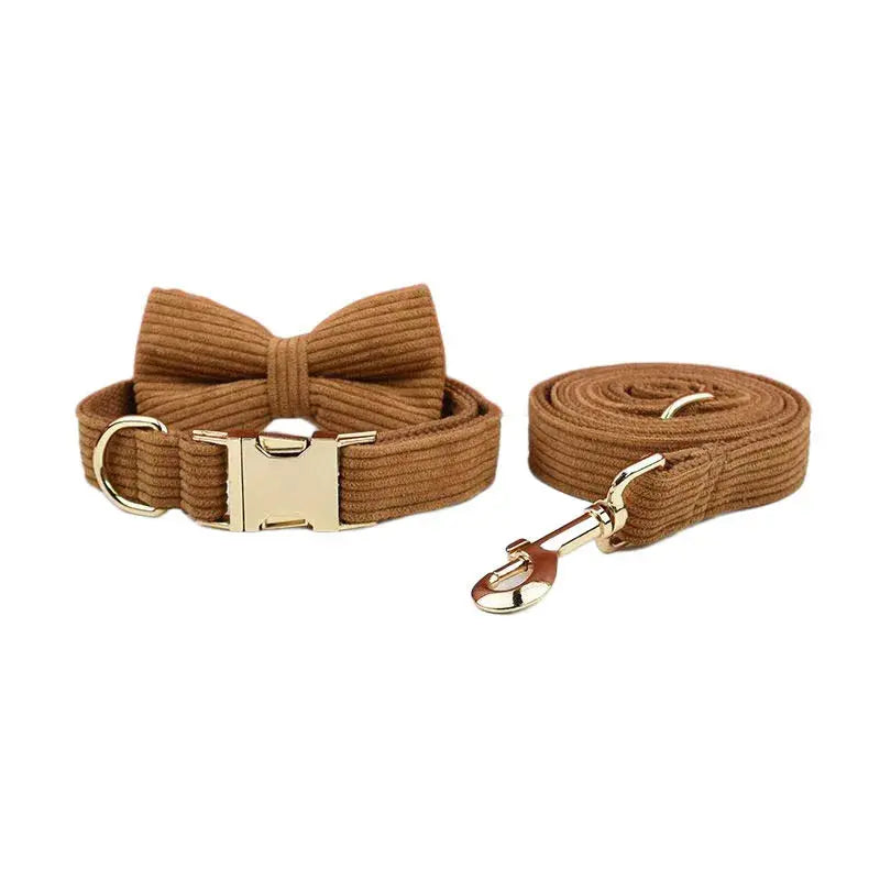 Caramel Corduroy Dog Collar And Leash Set For Dogs Custom Engraved Nameplate Pet Supplies Dog Leash Corduroy01 - Nova Trendz