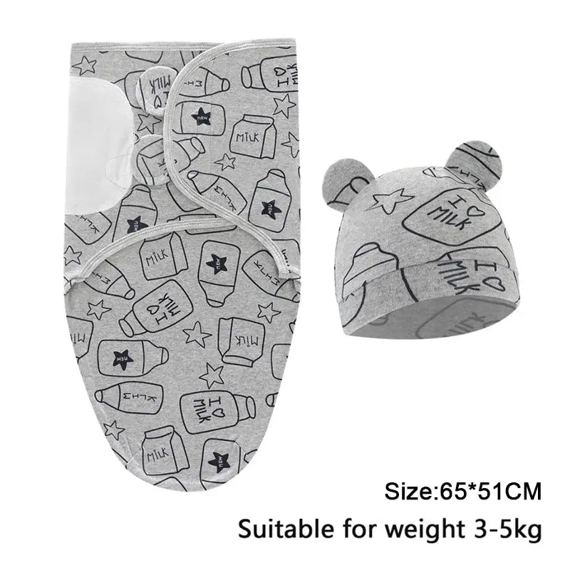 Baby Blanket Hat Set Cartoon Printed Cotton Newborn Swaddle Adjustable Infant Sleeping Swaddle Wraps All Seasons 0-6 Months - Nova Trendz