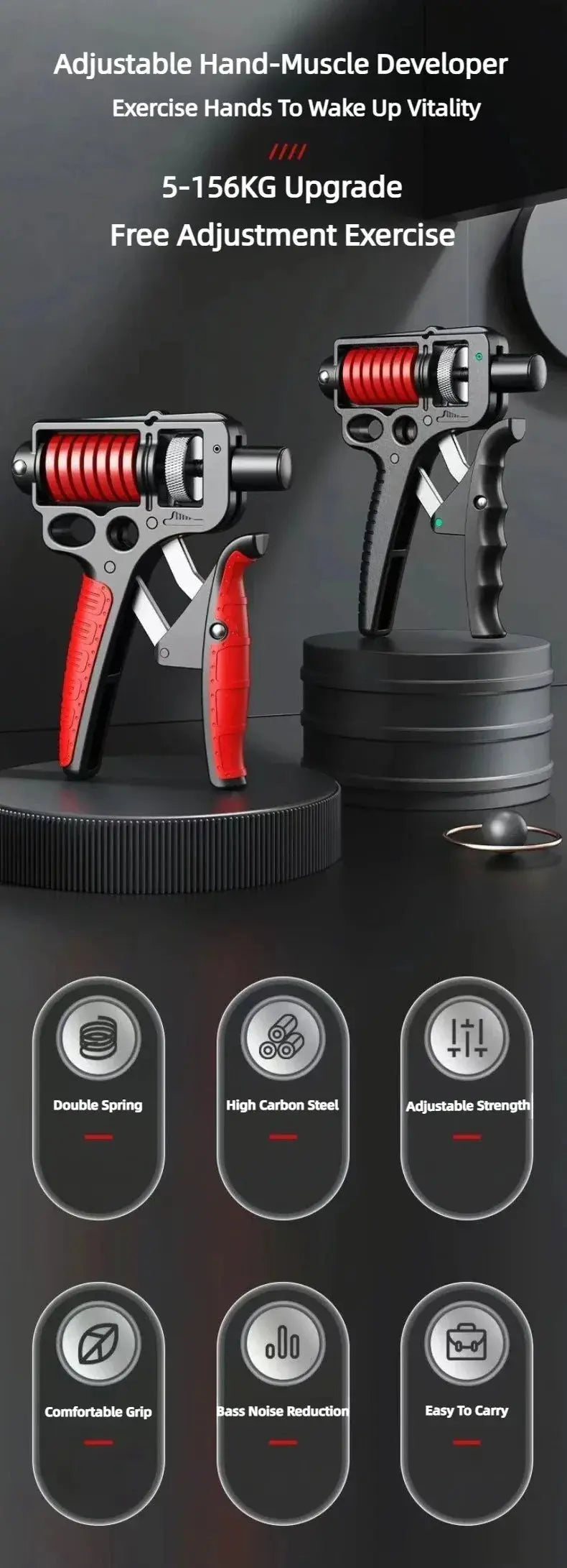 Adjustable Hand Grip Strengthener 5-165Kg Heavy Duty Finger Expander Arm Wrist Forearm Trainers for Fitness with Steel Spring Nova Trendz