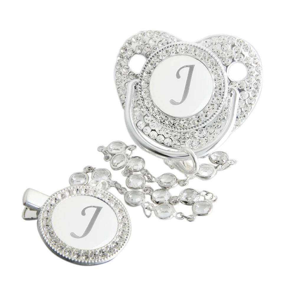 Initial Letter Siliver Baby Pacifier With Colorful Gem BPA Free Luxury Silver Dummy Soother Chupeta Weaning Pacifier
