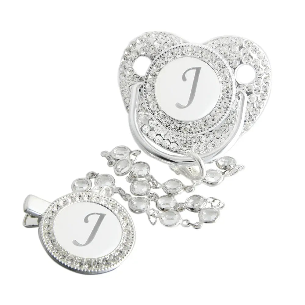 Initial Letter Siliver Baby Pacifier With Colorful Gem BPA Free Luxury Silver Dummy Soother Chupeta Weaning Pacifier Nova Trendz