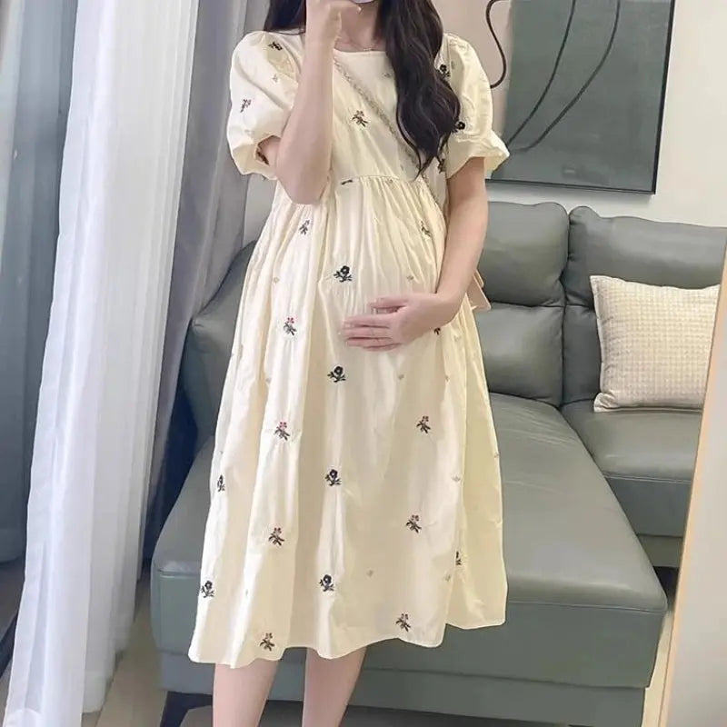 Pregnacy Dress Bowknot Dress Loose Women Bubble Sleeves Chiffon Small Flower Printing Maternity Clothing Pregnant Woman Clothes Nova Trendz