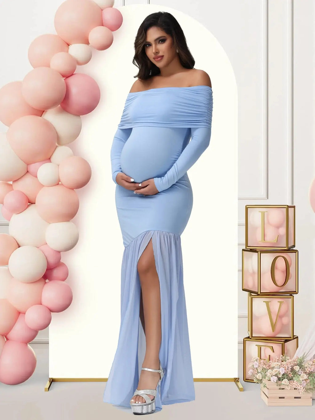 Maternity Dresses Photoshoot Off-Shoulder Slits Fishtail Hem Baby Shower Clothes For Pregnant Woman Evening Party Elegant Gown Nova Trendz