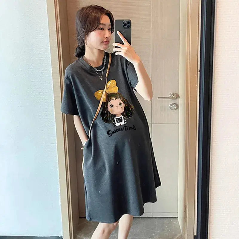 Maternity Summer Dress New Maternity Dress Fashionable Casual Sweet Age Reduction Loose Large Size Small T-Shirt Skirt Nova Trendz