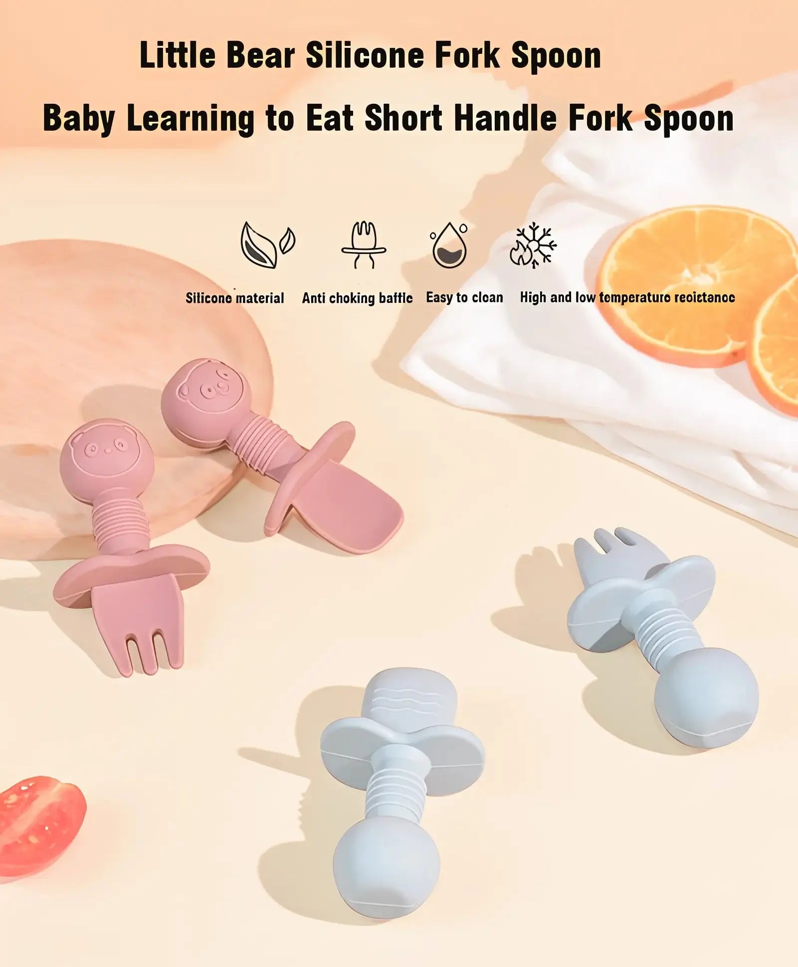 2pcs Food Grade Children Wooden Handle Silicone Spoon Fork Cutlery Baby Training Complementary Food Spoon BabyFeeding Spoon Fork Nova Trendz