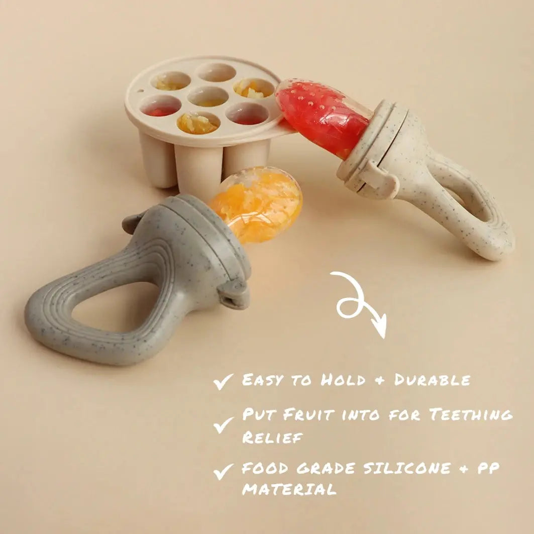 Baby Fruit Feeder Teether Pacifier with Baby Food Freezer Tray Set Silicone Freezable Teether for Fruit Purees Self Feeding Nova Trendz