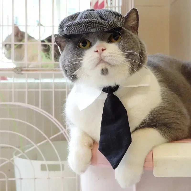 Funny Pet Cat Hat Gentleman's Hat Beret Tie Bathing Blood Gangster Handsome Cosplay Photo Prop Dog Halloween Costume Nova Trendz