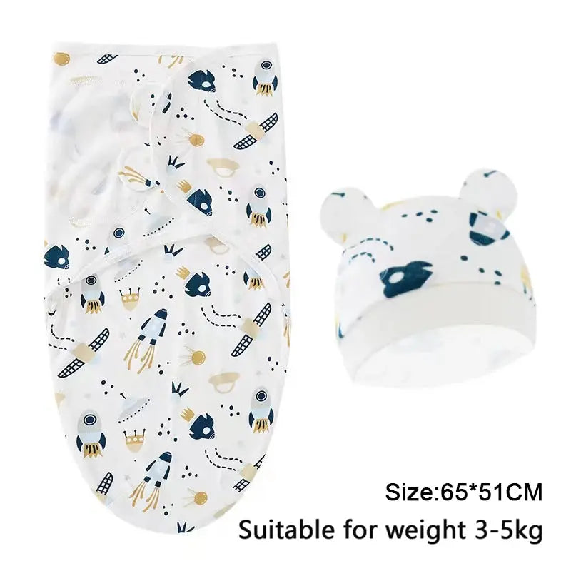 Baby Blanket Hat Set Cartoon Printed Cotton Newborn Swaddle Adjustable Infant Sleeping Swaddle Wraps All Seasons 0-6 Months - Nova Trendz