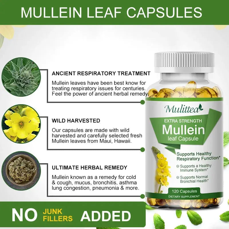 Mulittea Natural Mullein Leaf Capsules Herbal Supplement for Lung Cleanse Helps Healthy Respiratory Function & Mucous Membranes Nova Trendz