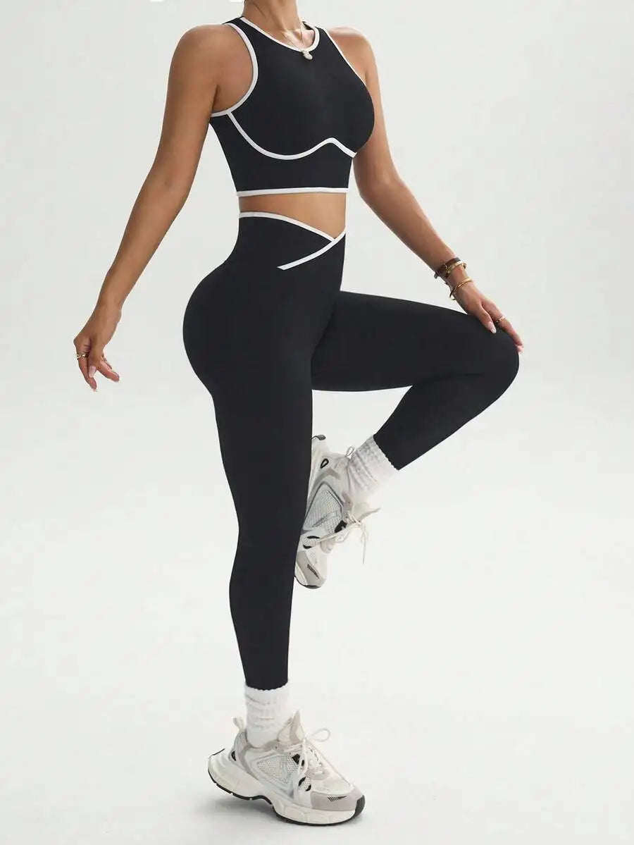 Contrast Trim Hollow Back Camisole And Leggings 2 Piece Sports Suit Breathable Slim Fitness Yoga Workout Tracksuit For Women Nova Trendz