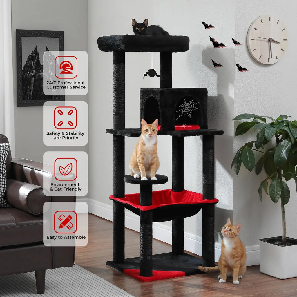 Gothic Cat Tree for Indoor Cats, Tall Cat Tower with Super Large Hammock, Sisal Covered Scratching Post Cozy Condo Top Perch - Nova Trendz