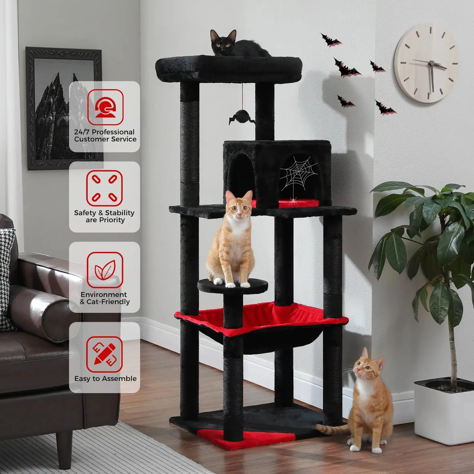 Gothic Cat Tree for Indoor Cats, Tall Cat Tower with Super Large Hammock, Sisal Covered Scratching Post Cozy Condo Top Perch - Nova Trendz