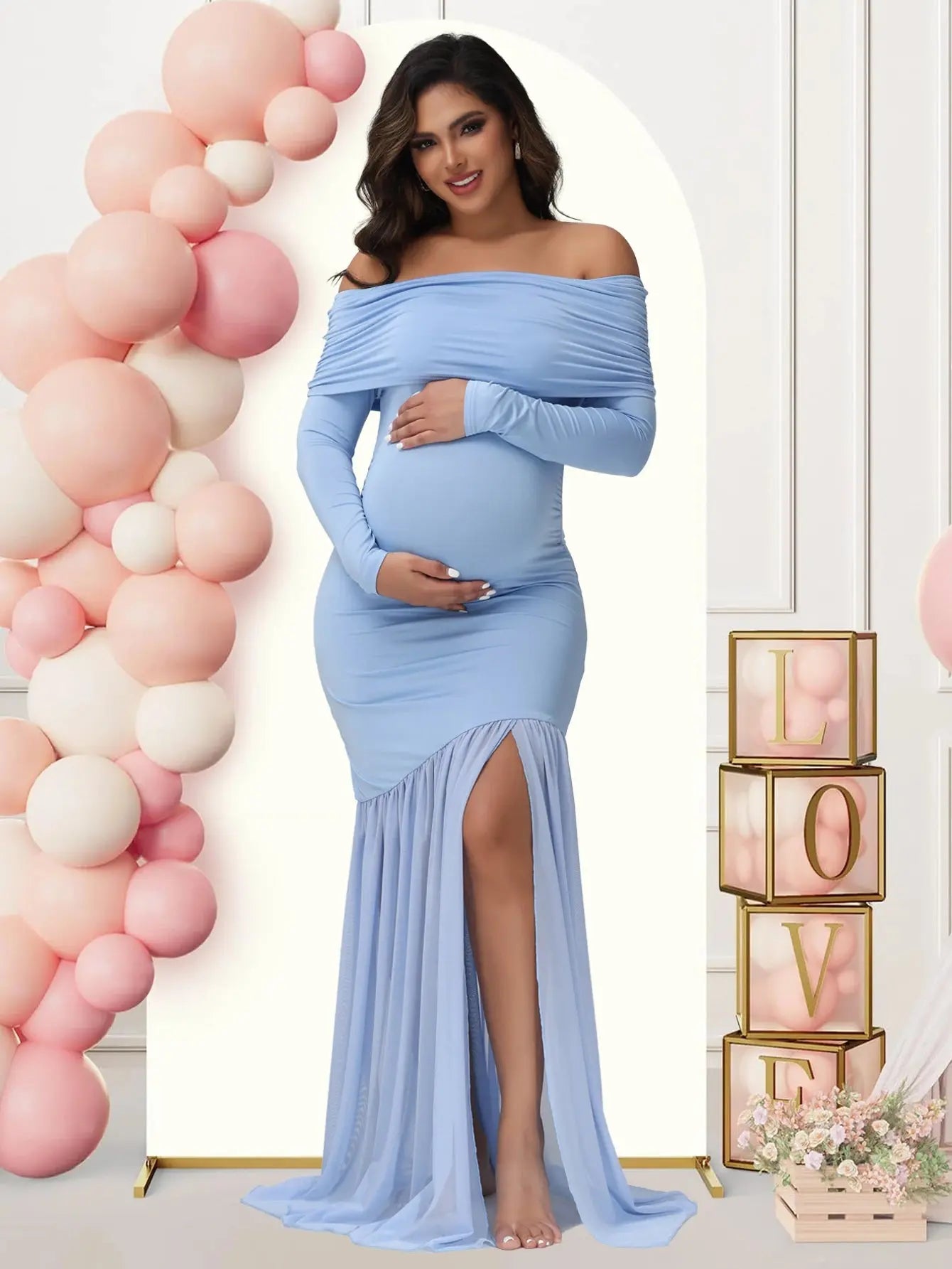 Maternity Dresses Photoshoot Off-Shoulder Slits Fishtail Hem Baby Shower Clothes For Pregnant Woman Evening Party Elegant Gown Nova Trendz