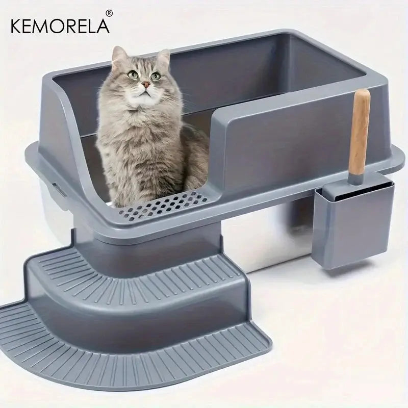 Extra Large 20L Stainless Steel Cat Litter Box With Stair Foot Pad Splash-Proof Easy To Clean Odorless Toilet Cat Litter Box Nova Trendz