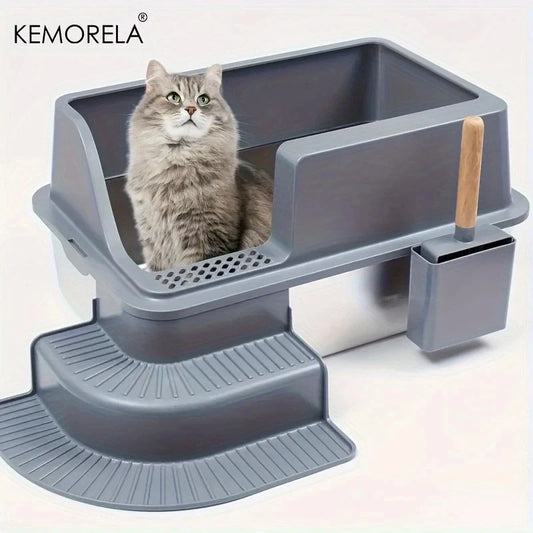 Extra Large 20L Stainless Steel Cat Litter Box With Stair Foot Pad Splash-Proof Easy To Clean Odorless Toilet Cat Litter Box