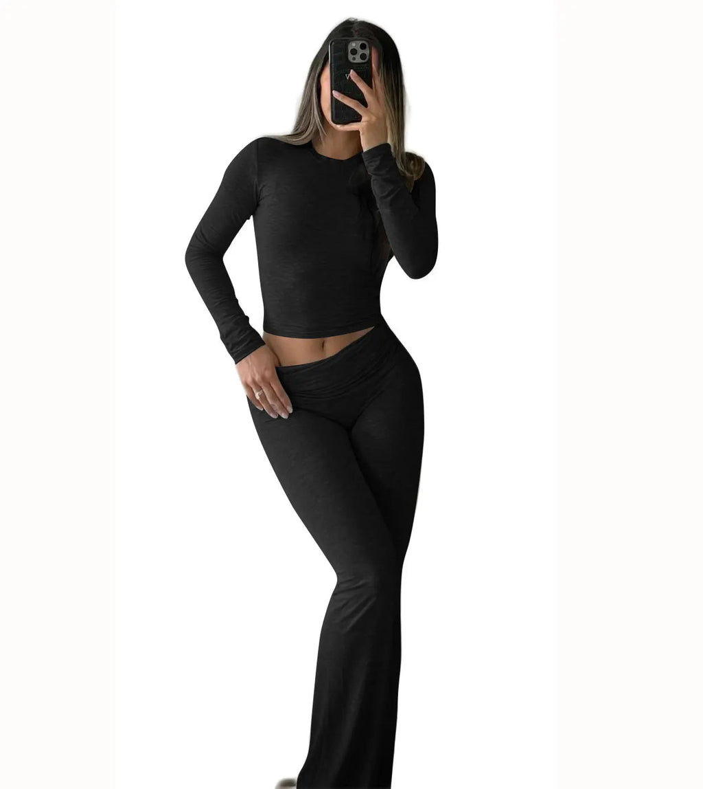Women's Yoga Two-Piece Set Long-Sleeve Wide-Leg Activewear Set Casual Home Yoga Set Coordinated Set Nova Trendz