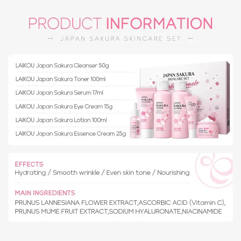LAIKOU Sakura Skin Care Sets Facial Cleanser Eye Creams Face Cream Serum Lotion Toner Brightening Moisturizing Face Care Kit Nova Trendz