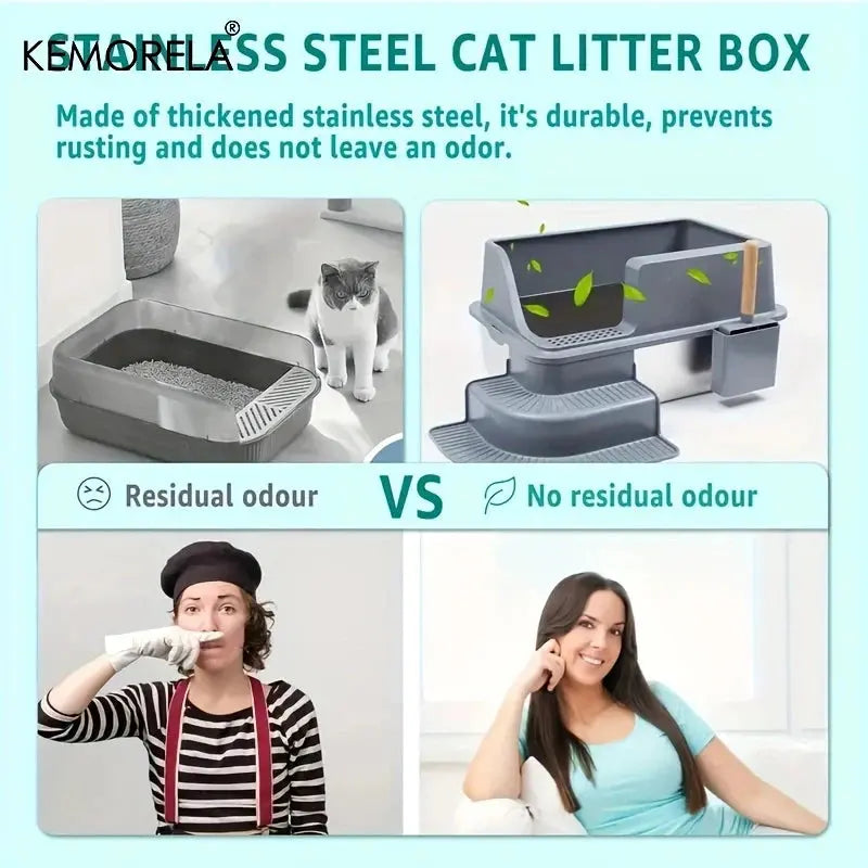 Extra Large 20L Stainless Steel Cat Litter Box With Stair Foot Pad Splash-Proof Easy To Clean Odorless Toilet Cat Litter Box Nova Trendz
