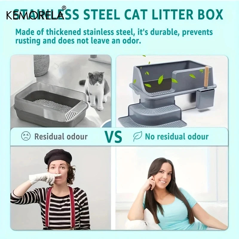 Extra Large 20L Stainless Steel Cat Litter Box With Stair Foot Pad Splash-Proof Easy To Clean Odorless Toilet Cat Litter Box
