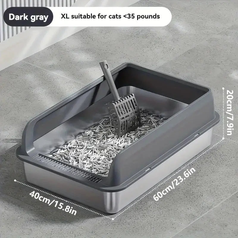 KEMORELA 1PC Stainless Steel Cat Bedpans Thickening Semi-enclosed High Side With Lid Litter Scoop Splashproof Open Litter Box Nova Trendz