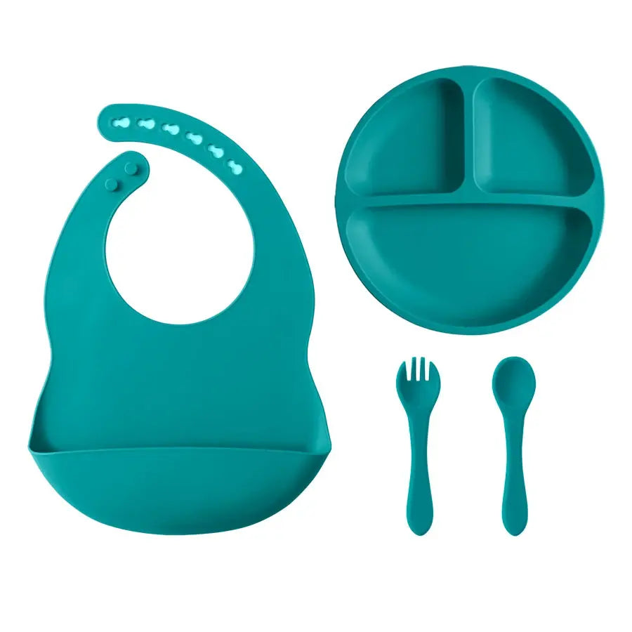 4PCS Baby Silicone Tableware Sets Contrasting Colors Dining Sets Suction Plate Waterproof Bib Portable Baby Spoon Fork Nova Trendz