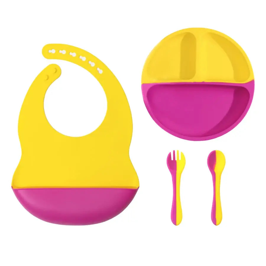 4PCS Baby Silicone Tableware Sets Contrasting Colors Dining Sets Suction Plate Waterproof Bib Portable Baby Spoon Fork Nova Trendz