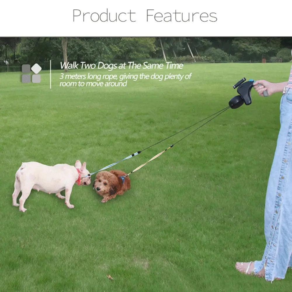 For 2 Dogs Walking Pet Traction Rope Belt Retractable Adjustable Double with Light Dual Dog Rope Leash Rotation Pet Rope Nova Trendz