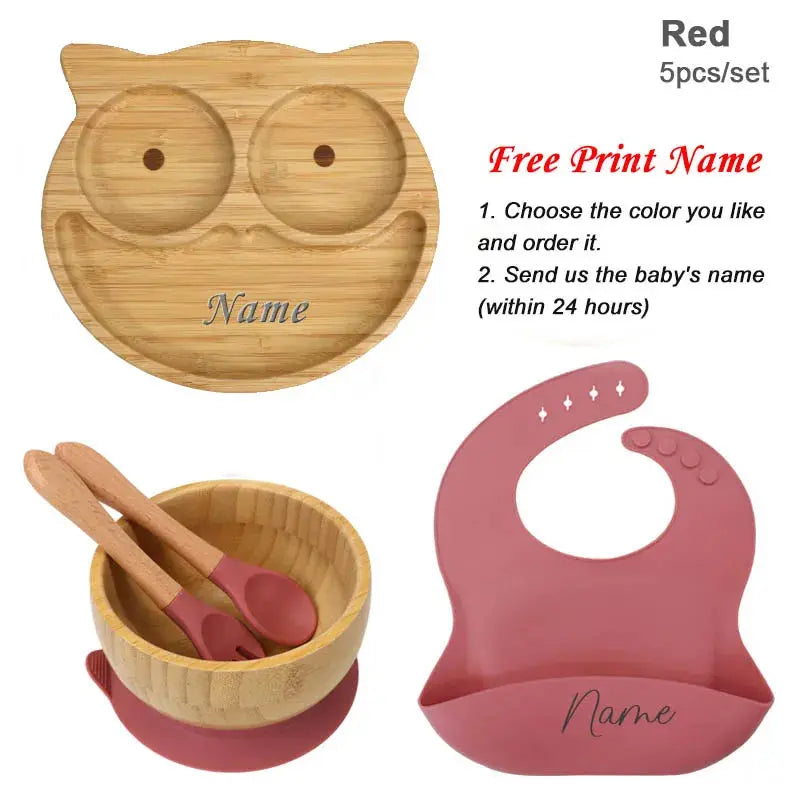 5Pcs Bamboo Bowl Plate For Kid Personalized Name Baby Feeding Set Bamboo Tableware Owl Plate Bowl With Spoon Silicone Baby Stuff Nova Trendz
