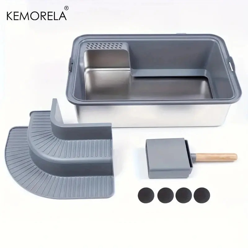Extra Large 20L Stainless Steel Cat Litter Box With Stair Foot Pad Splash-Proof Easy To Clean Odorless Toilet Cat Litter Box Nova Trendz