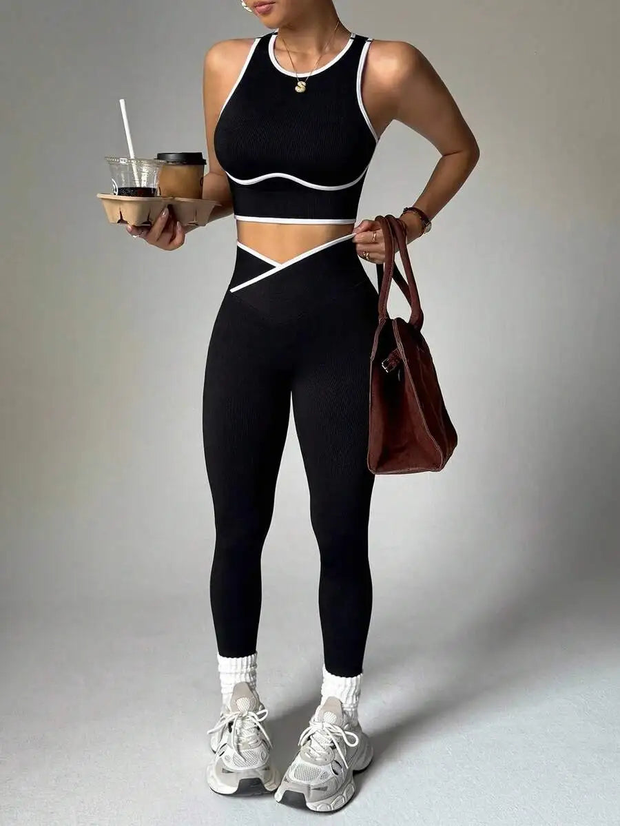 Contrast Trim Hollow Back Camisole And Leggings 2 Piece Sports Suit Breathable Slim Fitness Yoga Workout Tracksuit For Women Nova Trendz