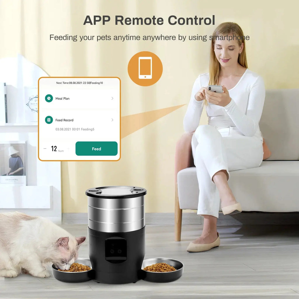 4.5L Button WiFi Automatic Cat Feeder Includes Two Stainless Steel Bowls Smart Pet Cat and Dogs Food Dispenser Feeder Pet Feeder - Nova Trendz