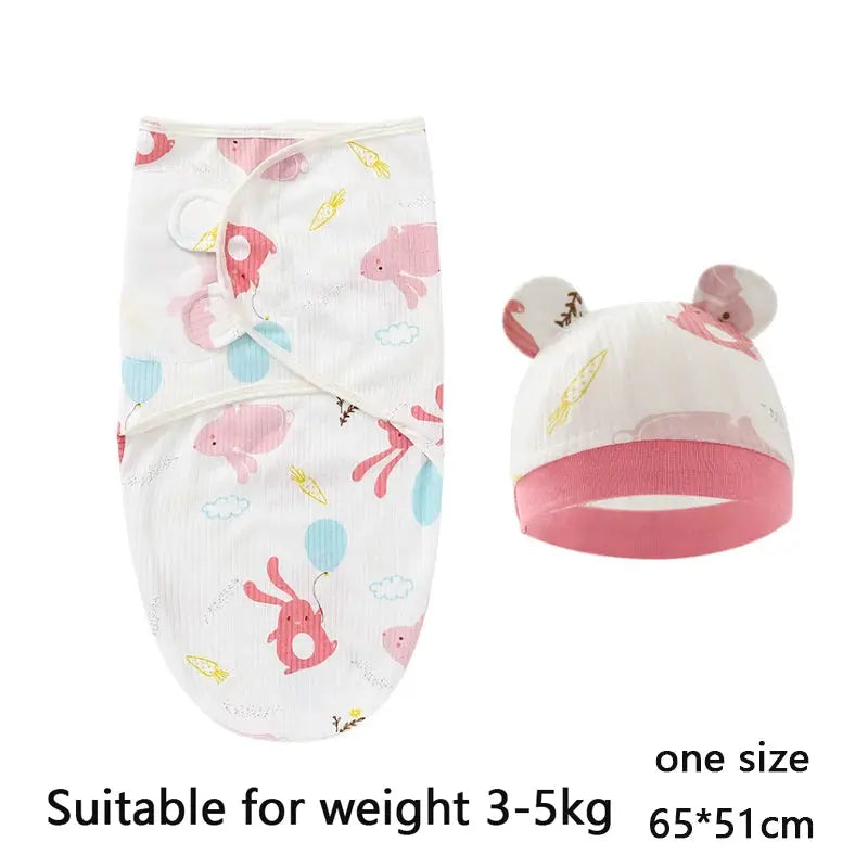 Baby Blanket Hat Set Cartoon Printed Cotton Newborn Swaddle Adjustable Infant Sleeping Swaddle Wraps All Seasons 0-6 Months - Nova Trendz
