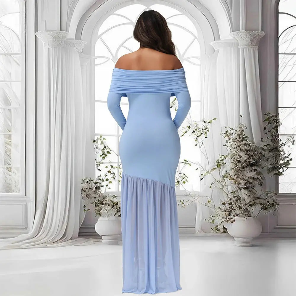 Maternity Dresses Photoshoot Off-Shoulder Slits Fishtail Hem Baby Shower Clothes For Pregnant Woman Evening Party Elegant Gown Nova Trendz