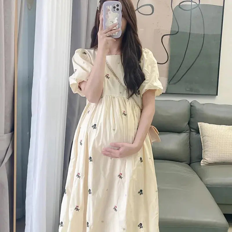 Pregnacy Dress Bowknot Dress Loose Women Bubble Sleeves Chiffon Small Flower Printing Maternity Clothing Pregnant Woman Clothes Nova Trendz