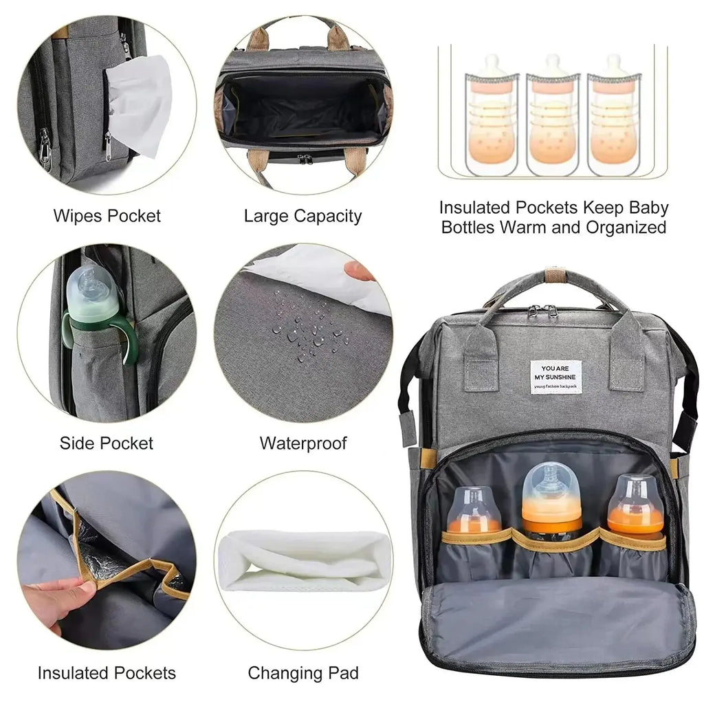 Foldable bed diaper bag with changing station insulated pocket and large capacity Multifunctional Double shoulder mommy bag Nova Trendz