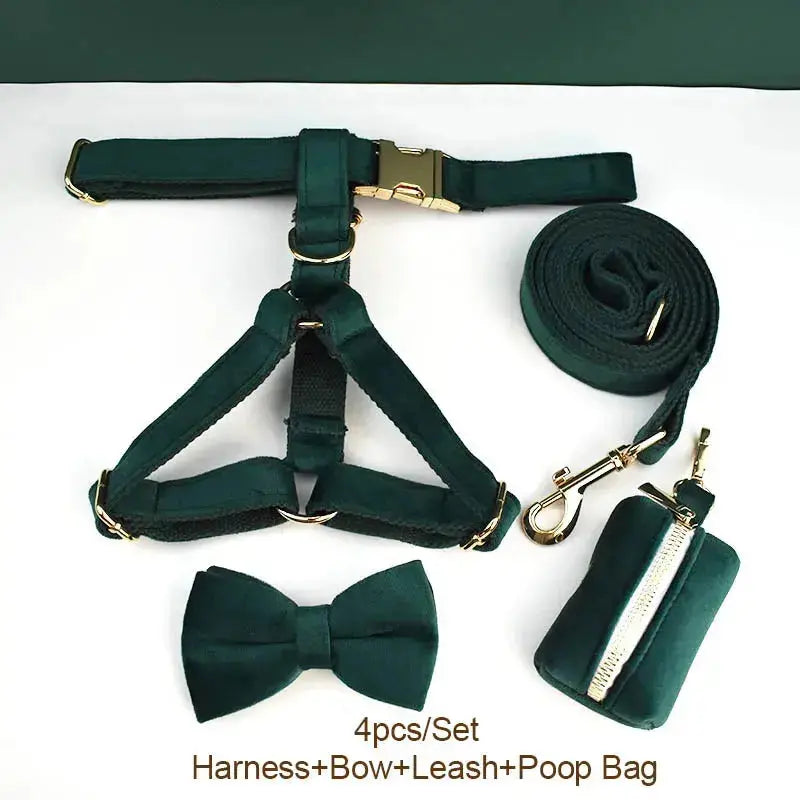 Green Velvet Dog Collar And Leash Set For Dogs Custom Engraved Nameplate Pet Supplies Dog Leash velvet43 - Nova Trendz