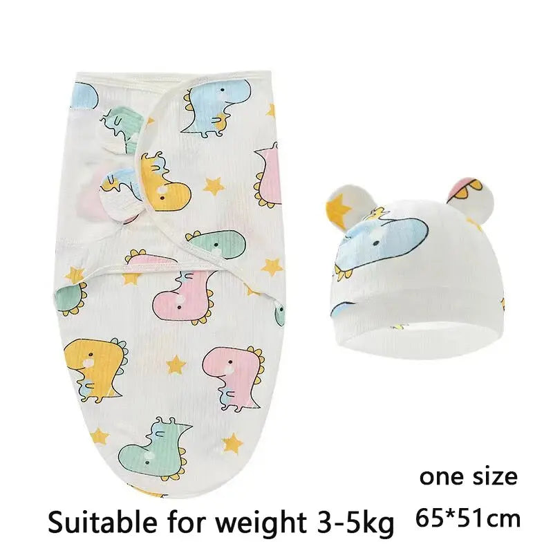Baby Blanket Hat Set Cartoon Printed Cotton Newborn Swaddle Adjustable Infant Sleeping Swaddle Wraps All Seasons 0-6 Months - Nova Trendz
