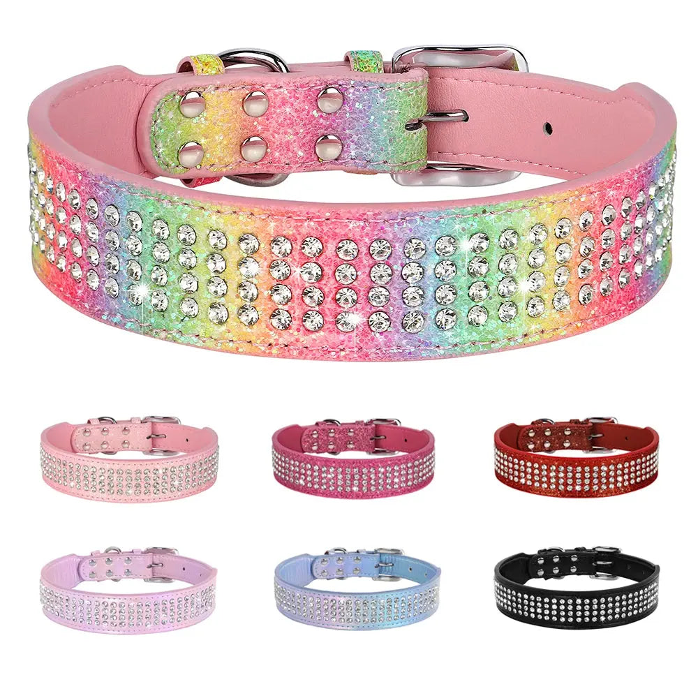 Bling Rhinestone Dog Collar Wide Leather Dogs Collars Glitter Diamond Pet Necklace Durable For Medium Large Dogs French Bulldog Nova Trendz