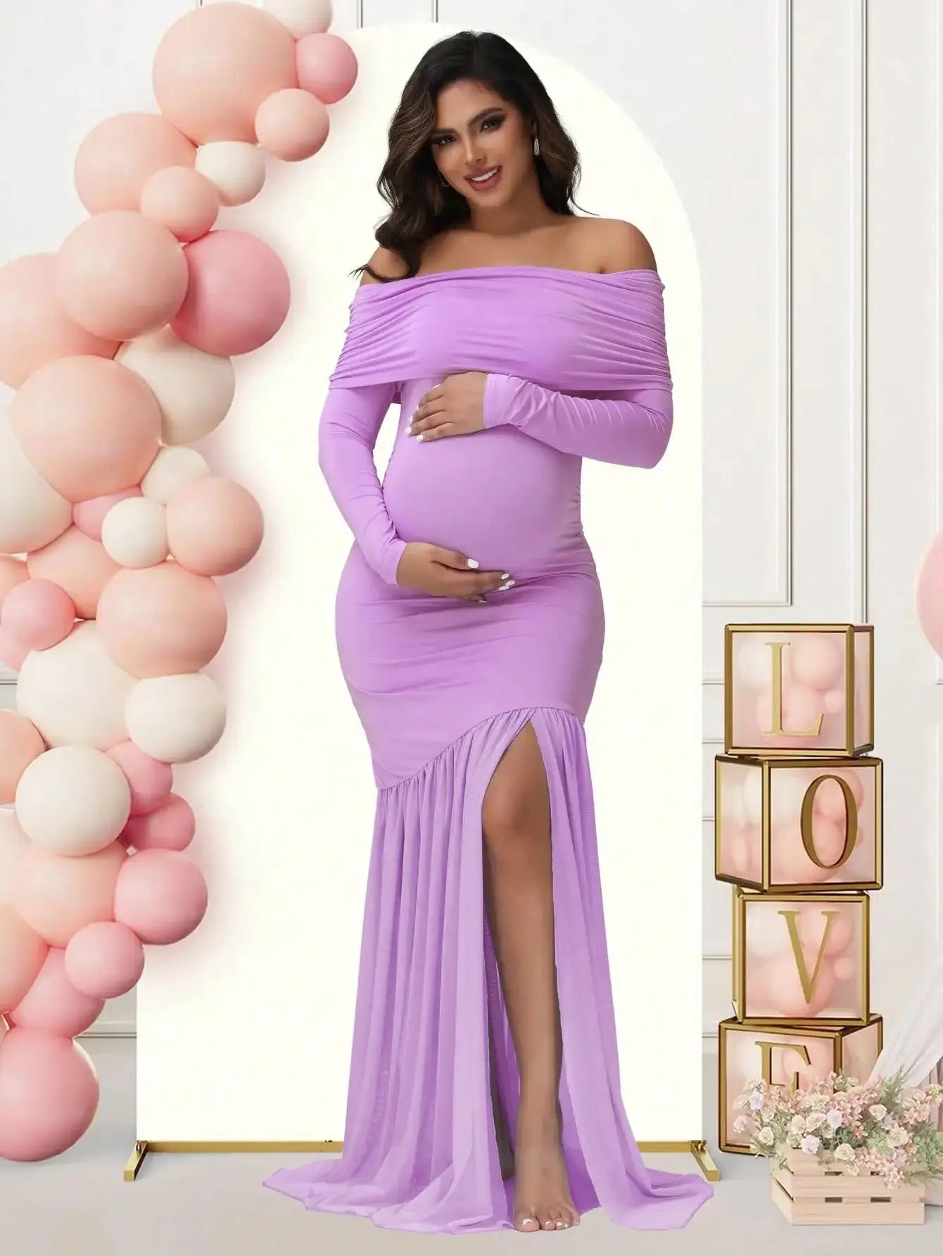 Maternity Dresses Photoshoot Off-Shoulder Slits Fishtail Hem Baby Shower Clothes For Pregnant Woman Evening Party Elegant Gown Nova Trendz