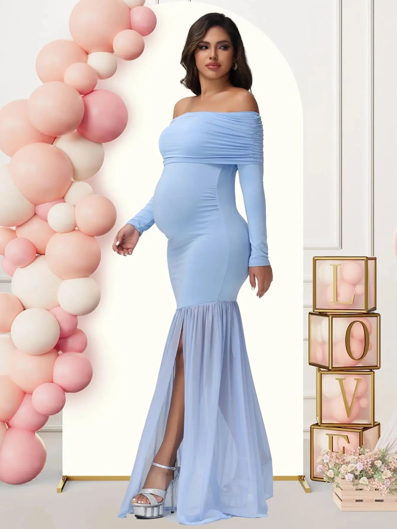 Maternity Dresses Photoshoot Off-Shoulder Slits Fishtail Hem Baby Shower Clothes For Pregnant Woman Evening Party Elegant Gown Nova Trendz