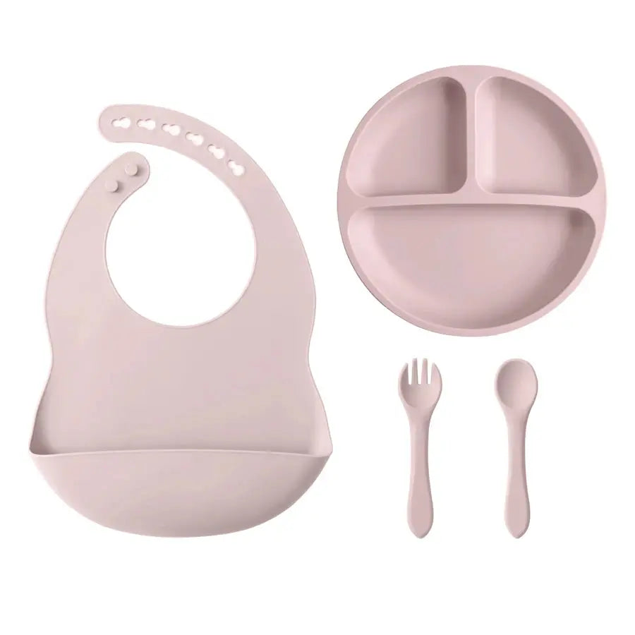 4PCS Baby Silicone Tableware Sets Contrasting Colors Dining Sets Suction Plate Waterproof Bib Portable Baby Spoon Fork Nova Trendz