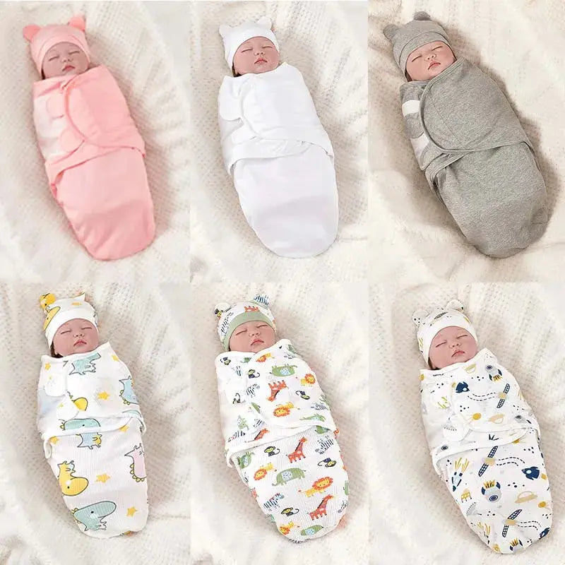 Baby Blanket Hat Set Cartoon Printed Cotton Newborn Swaddle Adjustable Infant Sleeping Swaddle Wraps All Seasons 0-6 Months - Nova Trendz